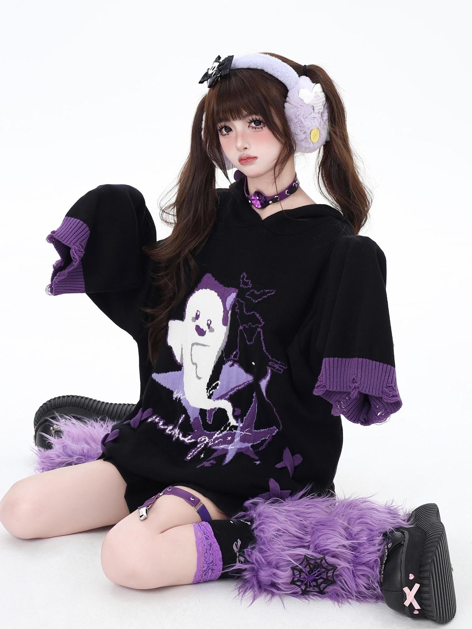 Crazy Girl Black Purple Colorblock Ghost Print Lace Up Hooded Loose Women&