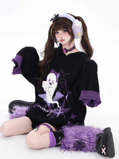 Crazy Girl Black Purple Colorblock Ghost Print Lace Up Hooded Loose Women&