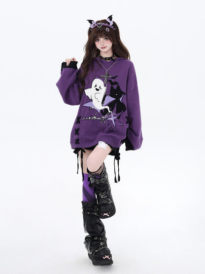 Crazy Girl Black Purple Colorblock Ghost Print Lace Up Hooded Loose Women&