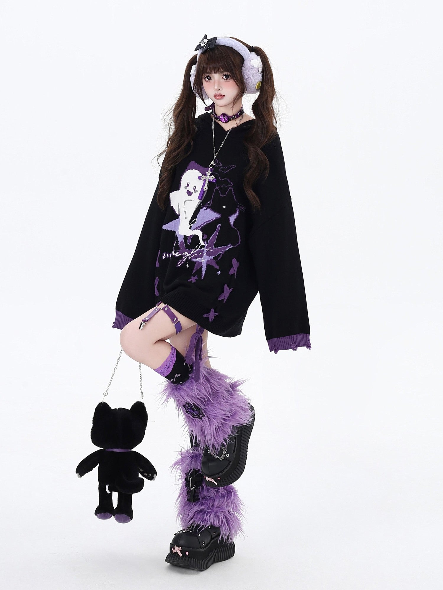 Crazy Girl Black Purple Colorblock Ghost Print Lace Up Hooded Loose Women&
