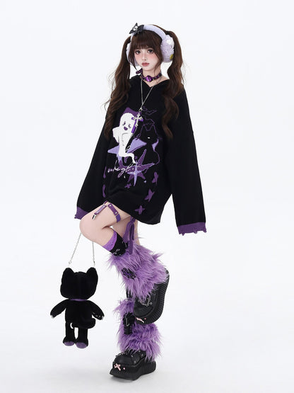 Crazy Girl Black Purple Colorblock Ghost Print Lace Up Hooded Loose Women&