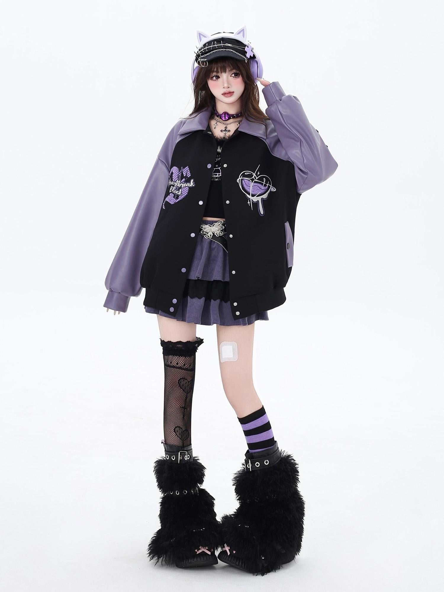 Crazy Girl Black Purple Embroidered Patchwork Heart Women&