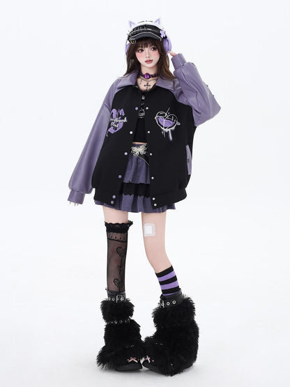 Crazy Girl Black Purple Embroidered Patchwork Heart Women&