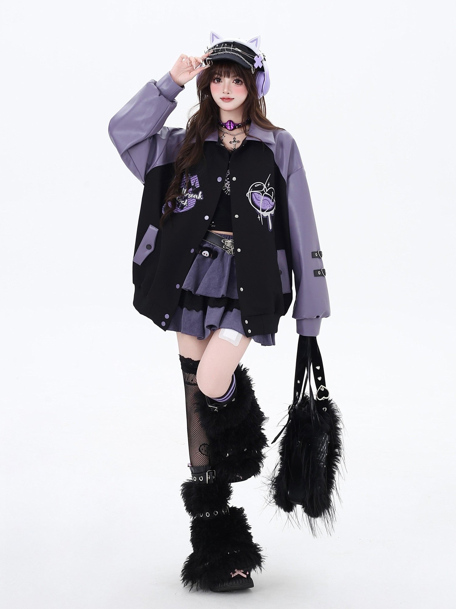 Crazy Girl Black Purple Embroidered Patchwork Heart Women&
