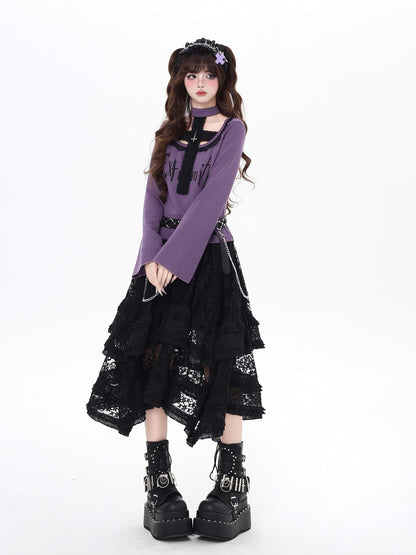 Crazy Girl Black Purple Halter Letter Print Gothic Cropped Women&