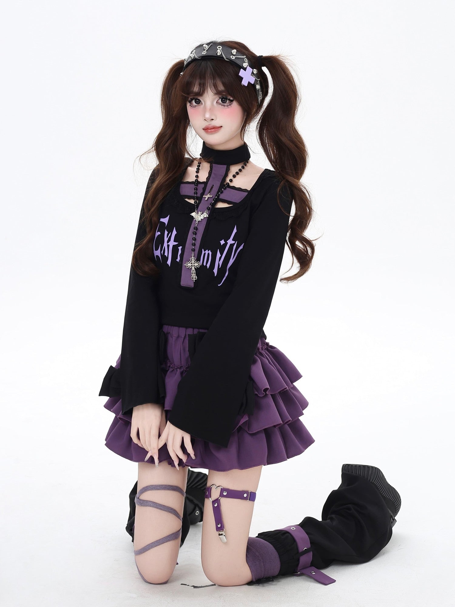 Crazy Girl Black Purple Halter Letter Print Gothic Cropped Women&
