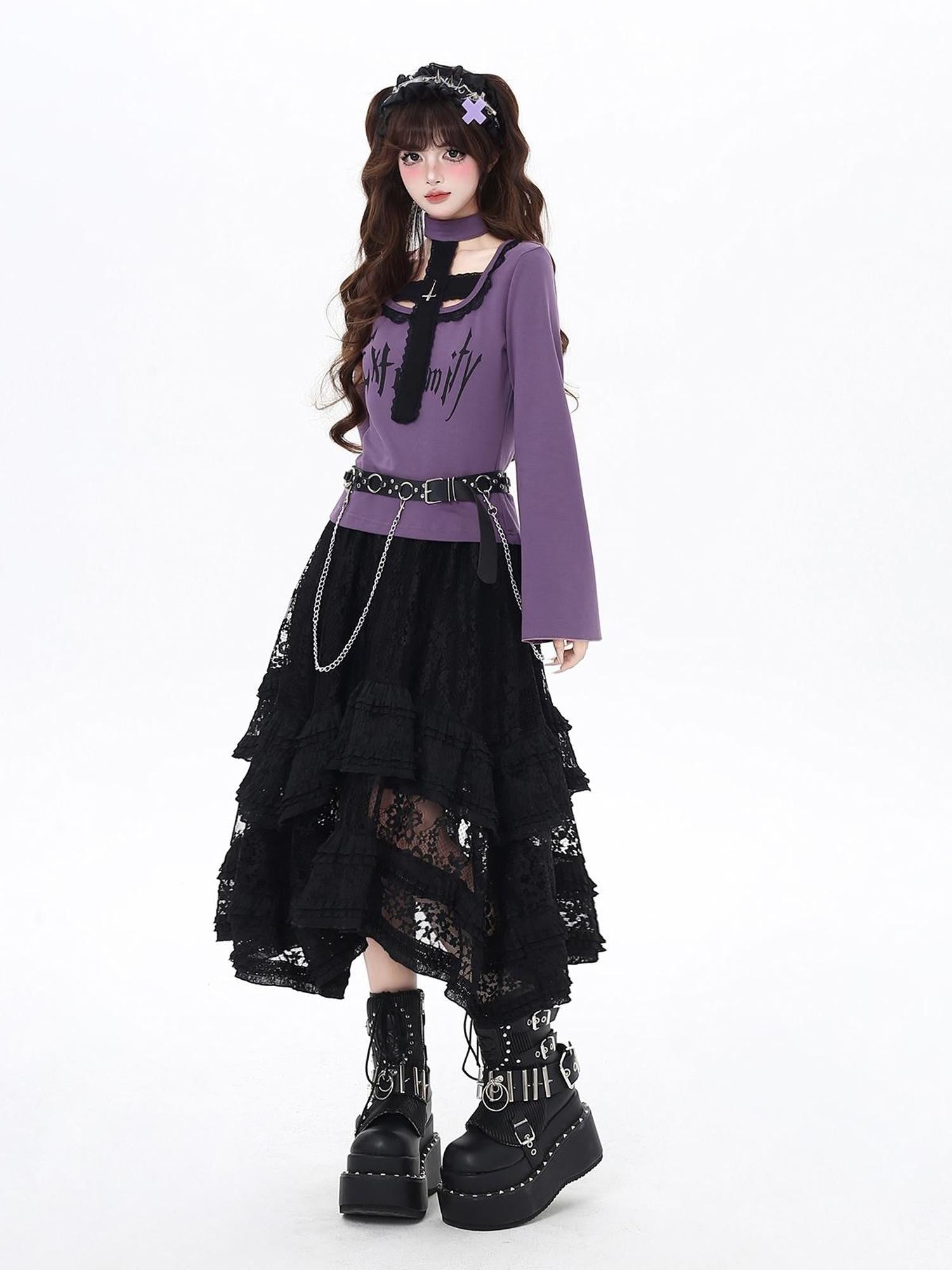 Crazy Girl Black Purple Halter Letter Print Gothic Cropped Women&