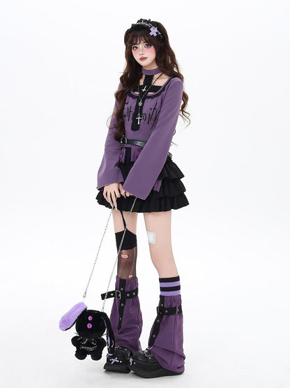 Crazy Girl Black Purple Halter Letter Print Gothic Cropped Women&