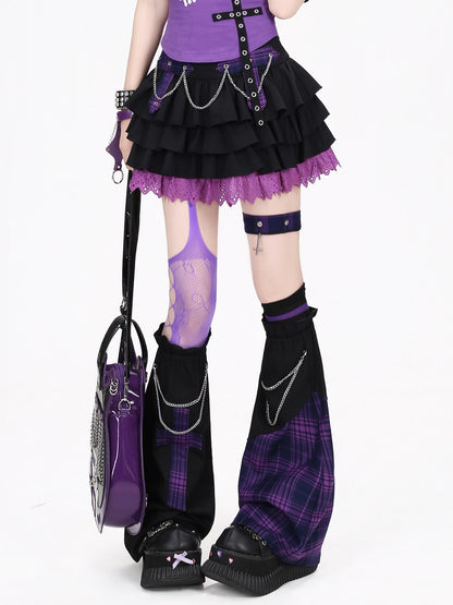 Crazy Girl Black Purple Plaid Patchwork High Waist Zipper Women&