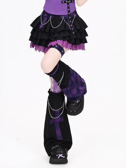 Crazy Girl Black Purple Plaid Patchwork High Waist Zipper Women&