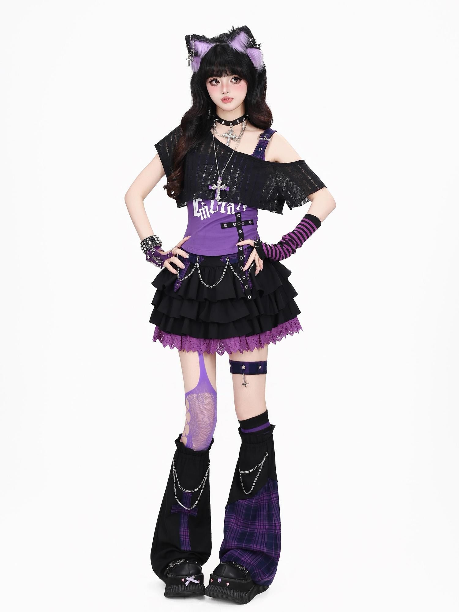 Crazy Girl Black Purple Plaid Patchwork High Waist Zipper Women&