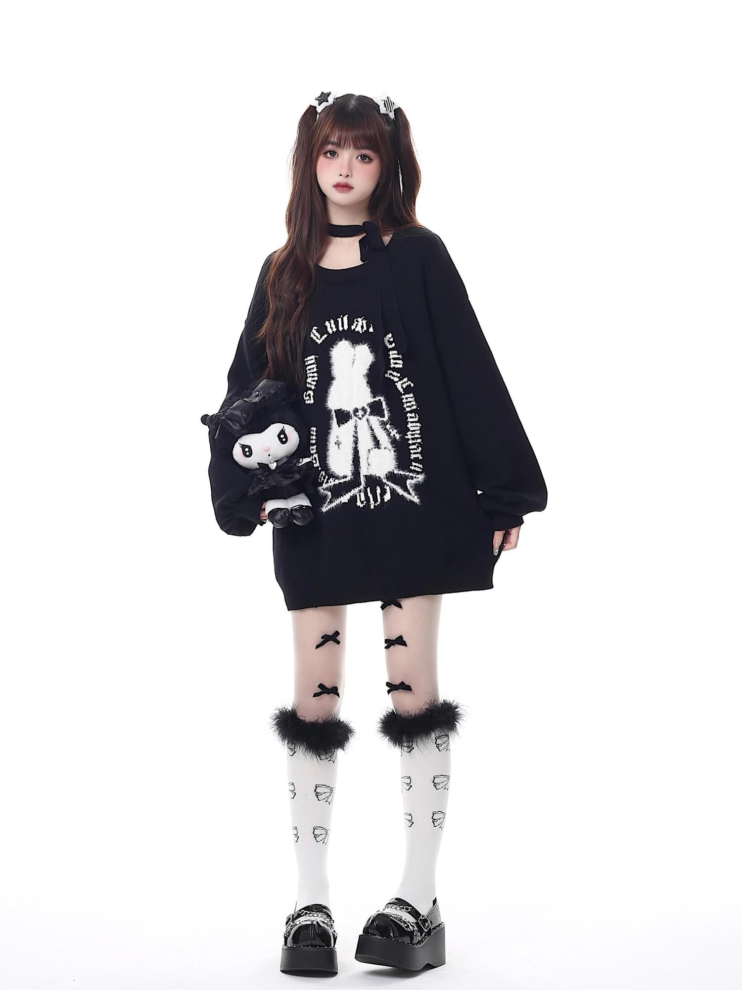 Crazy Girl Black Red Lantern Sleeve Round Neck Women&