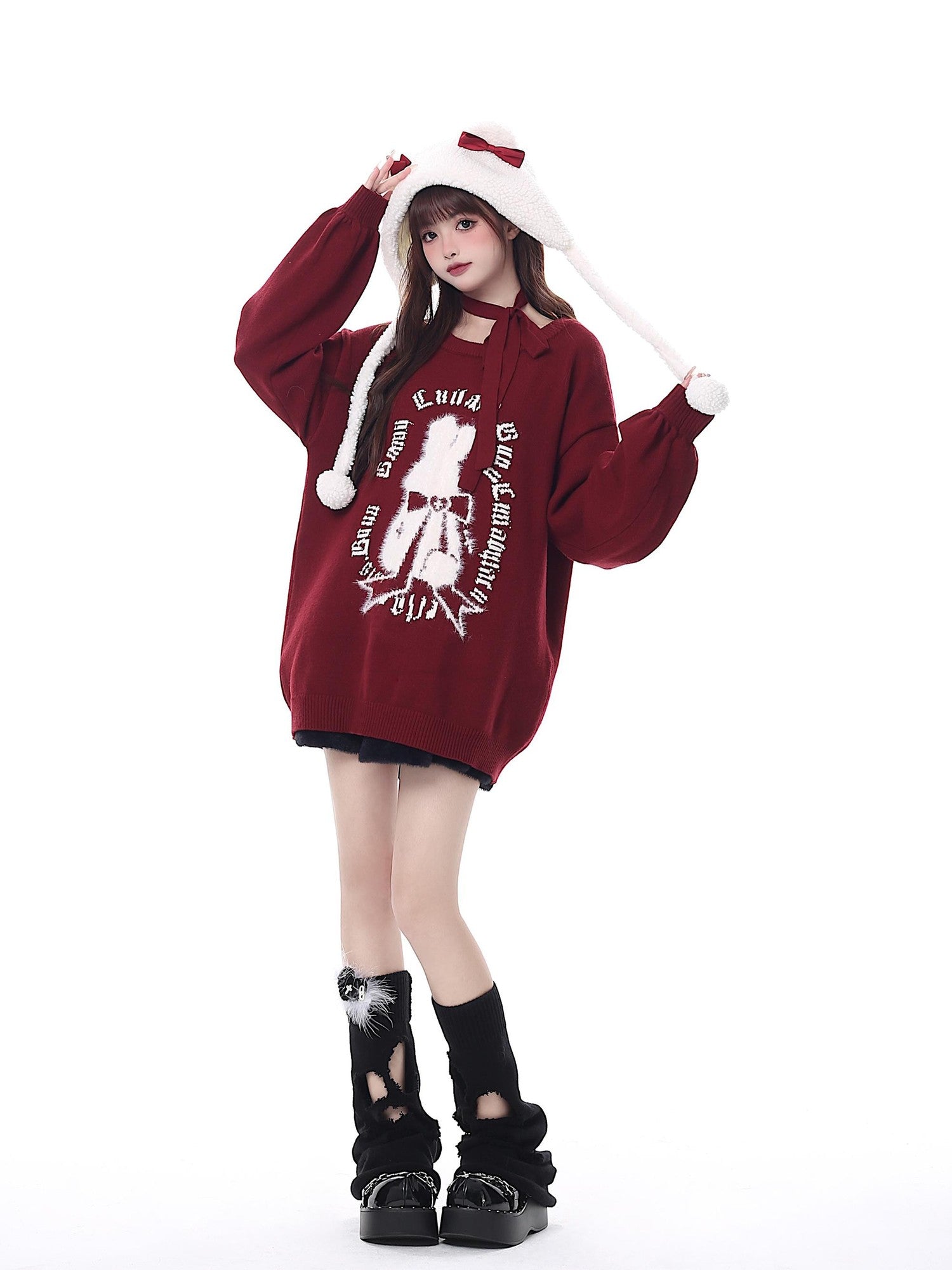 Crazy Girl Black Red Lantern Sleeve Round Neck Women&
