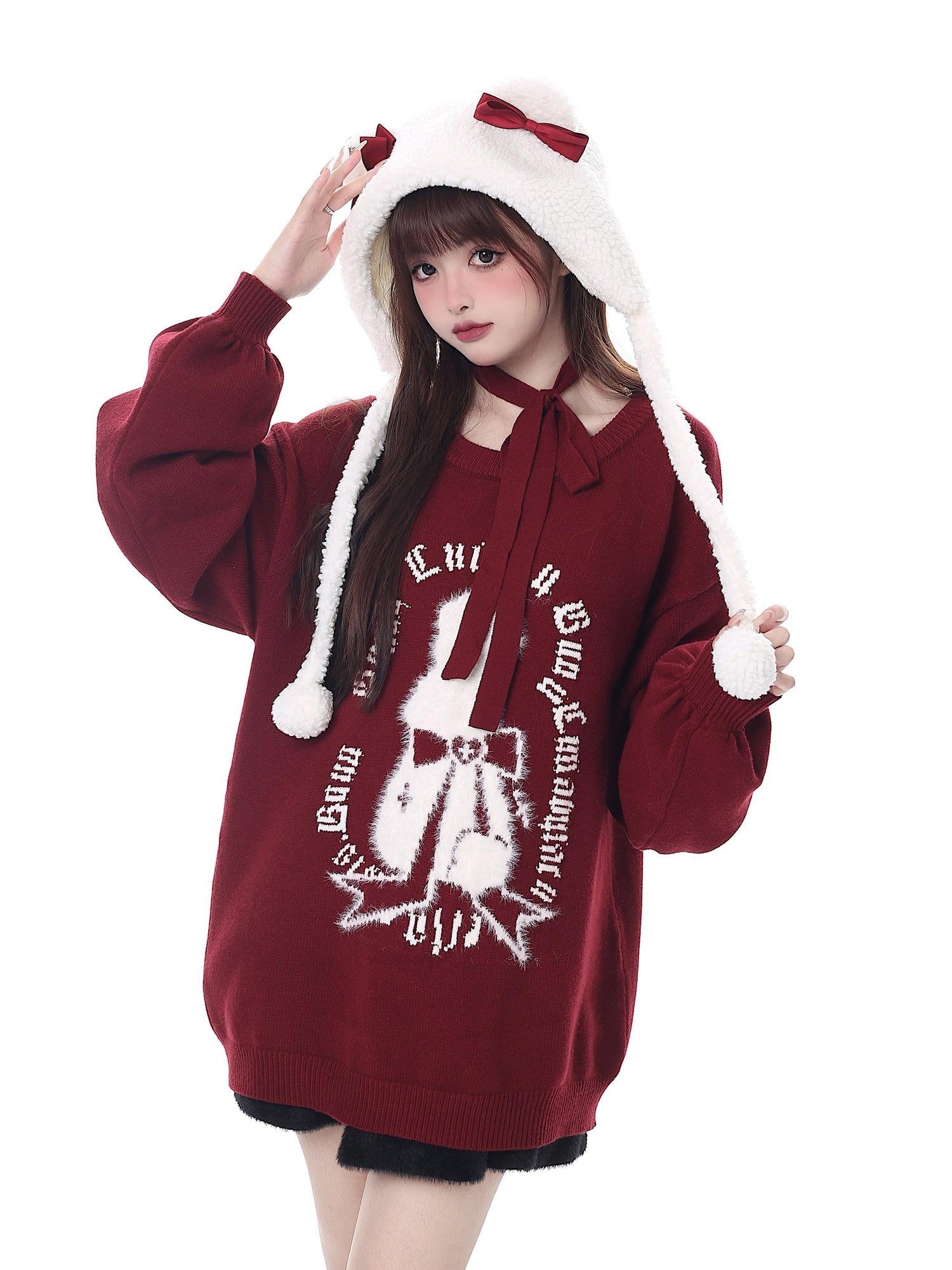 Crazy Girl Black Red Lantern Sleeve Round Neck Women&