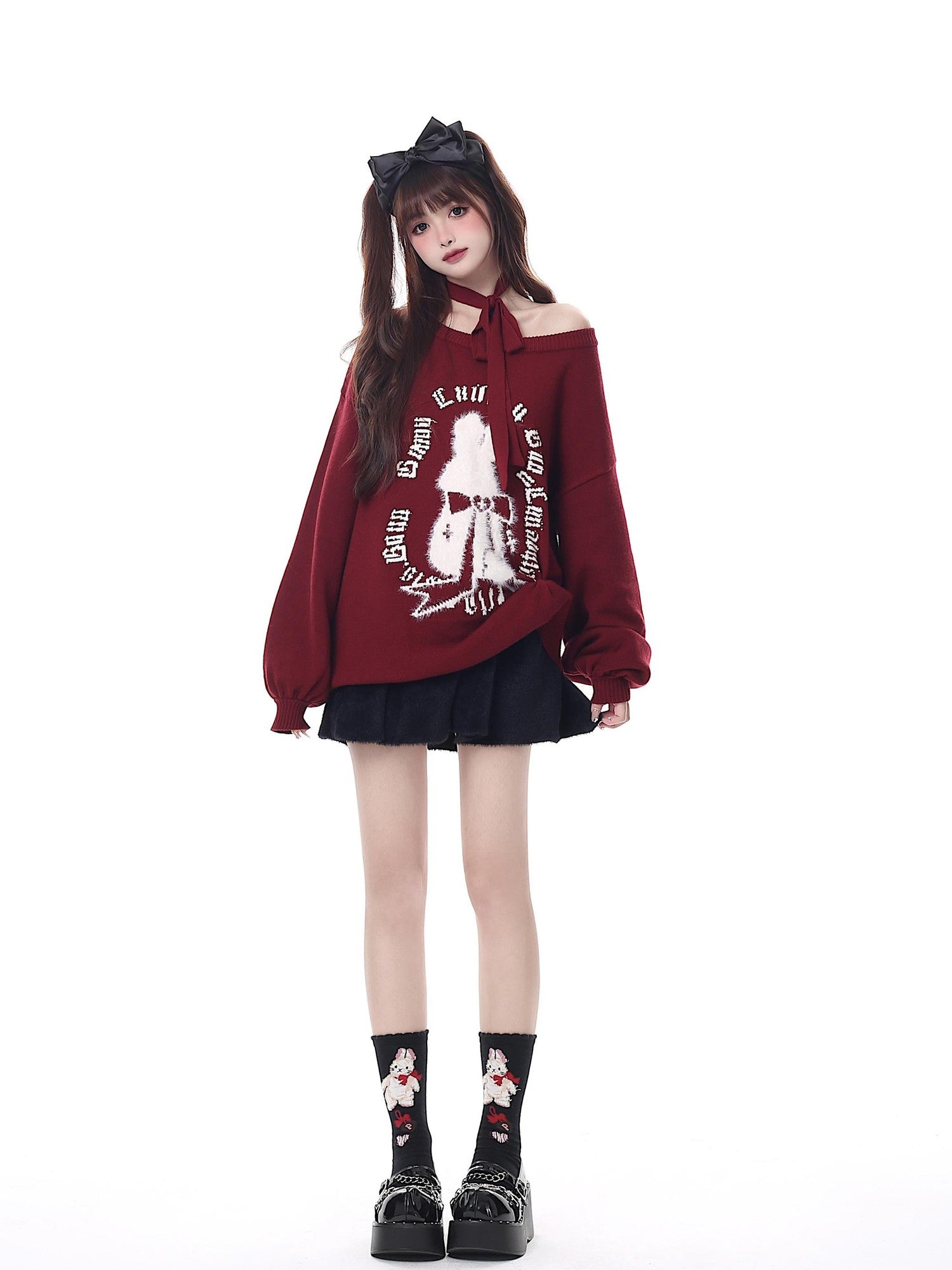 Crazy Girl Black Red Lantern Sleeve Round Neck Women&