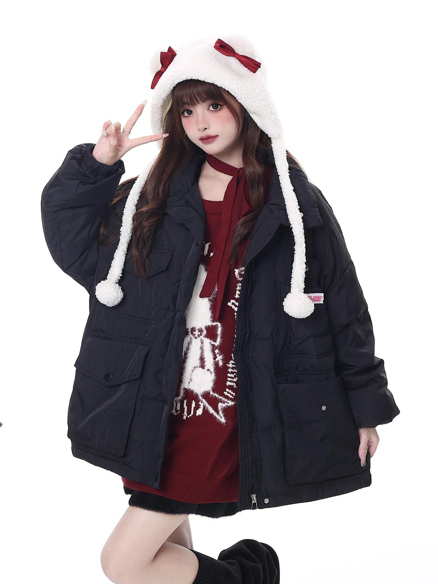 Crazy Girl Black Red Lantern Sleeve Round Neck Women&
