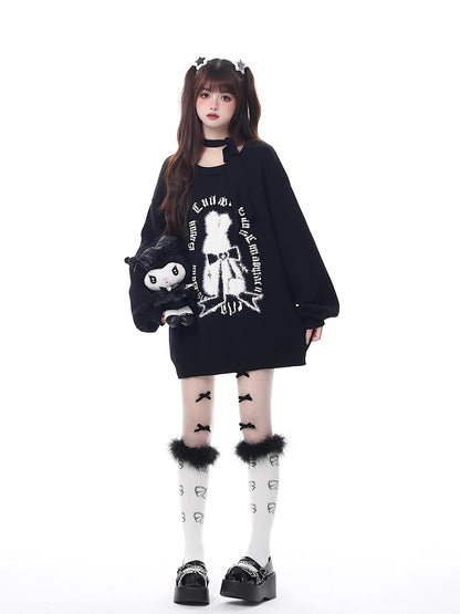 Crazy Girl Black Red Lantern Sleeve Round Neck Women&