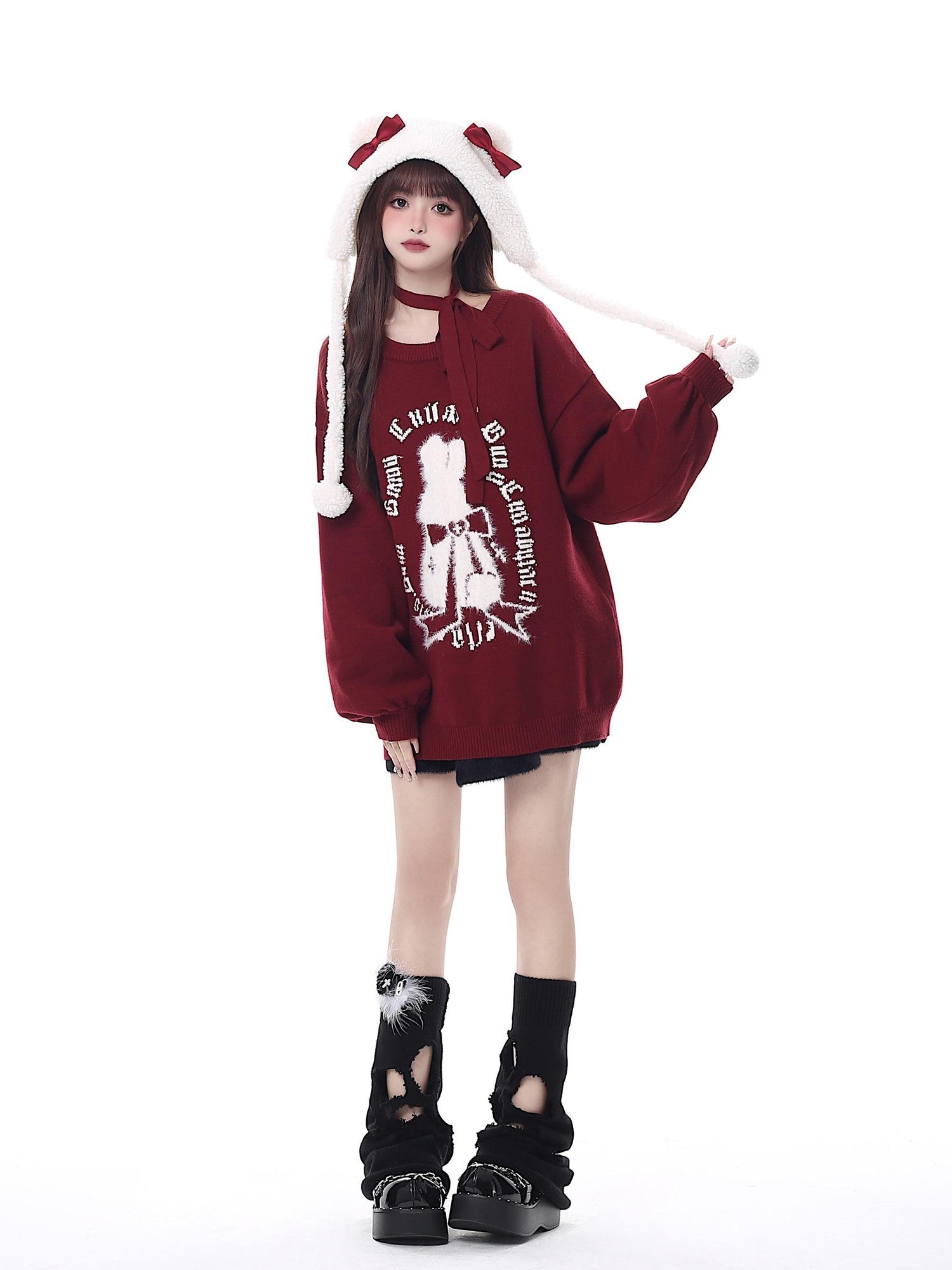 Crazy Girl Black Red Lantern Sleeve Round Neck Women&