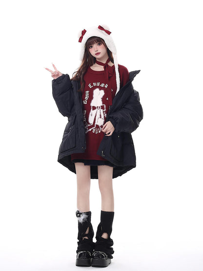 Crazy Girl Black Red Lantern Sleeve Round Neck Women&