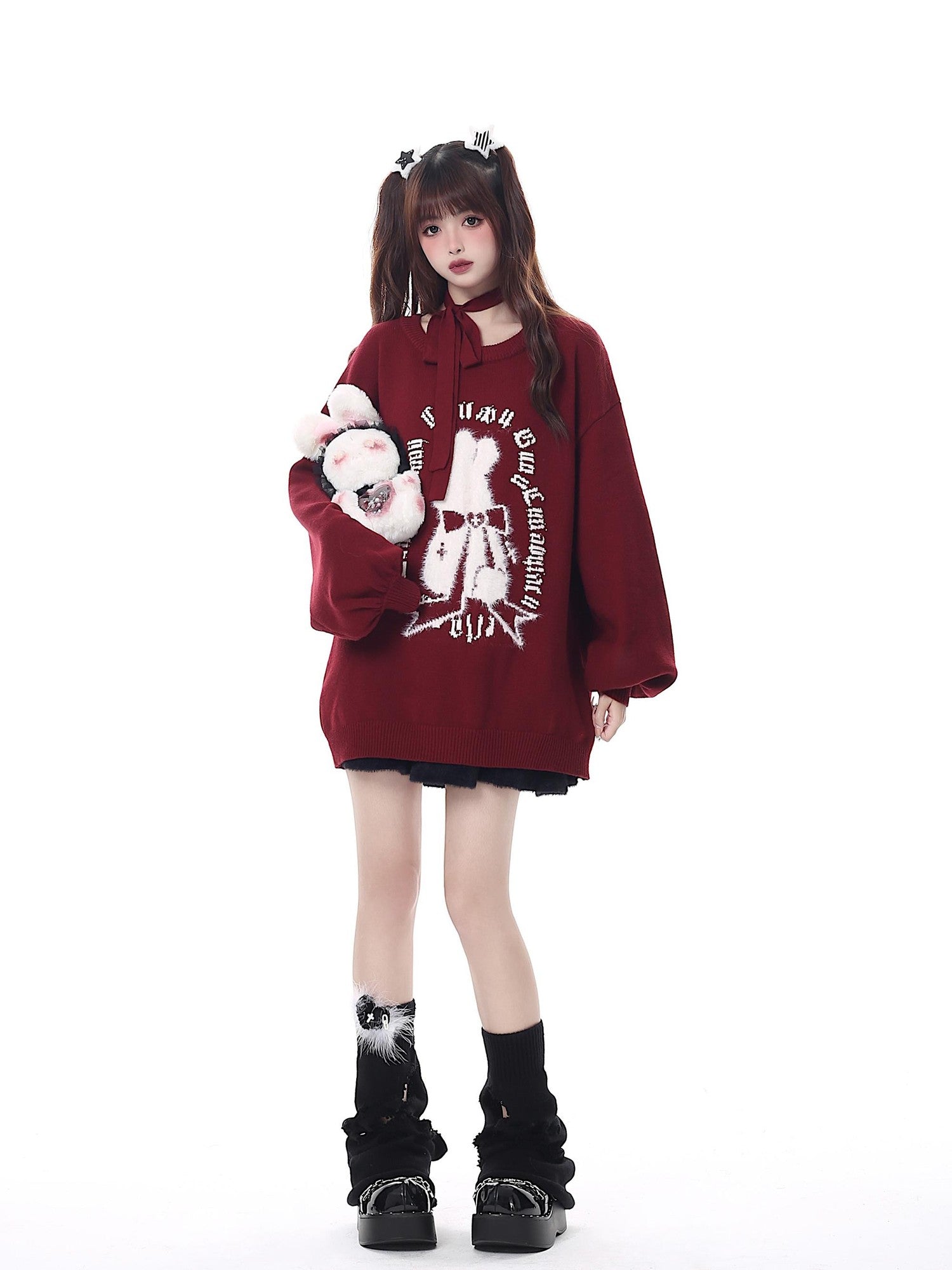 Crazy Girl Black Red Lantern Sleeve Round Neck Women&