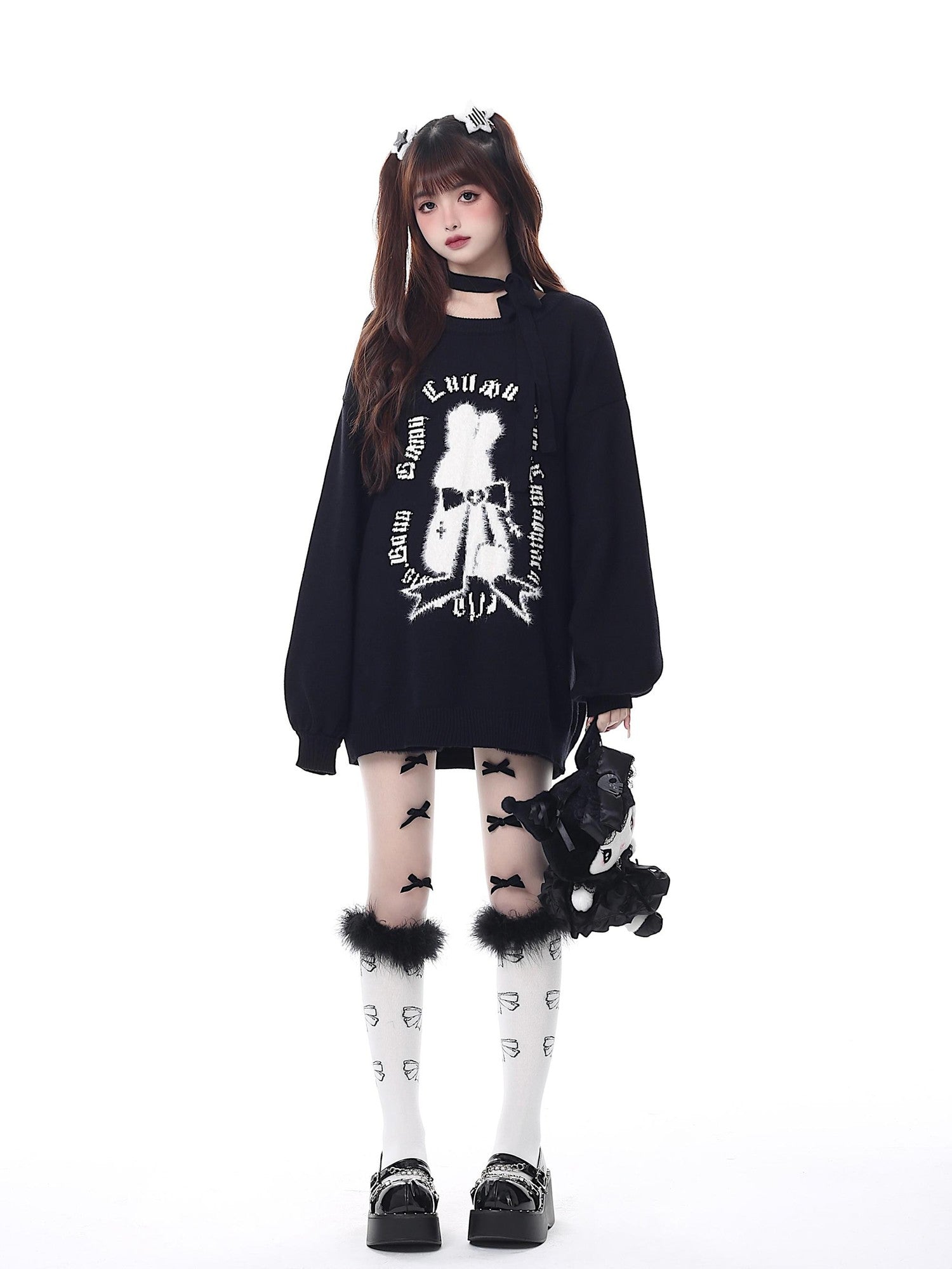 Crazy Girl Black Red Lantern Sleeve Round Neck Women&