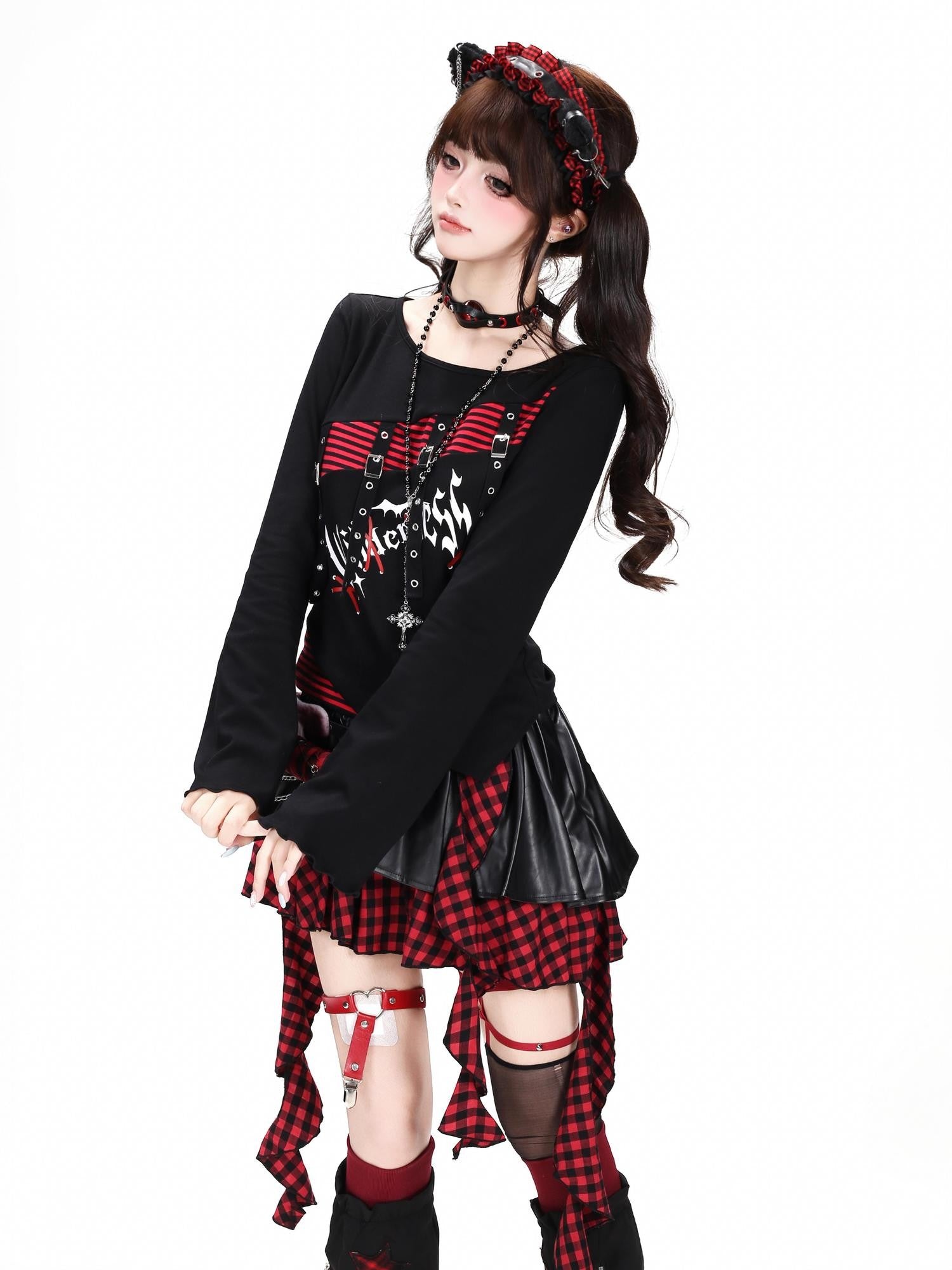 Crazy Girl Black Red Stripe Asymmetric Splice Waist Cinch Bell Women&