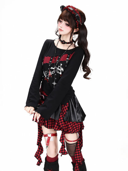 Crazy Girl Black Red Stripe Asymmetric Splice Waist Cinch Bell Women&