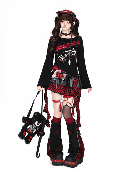 Crazy Girl Black Red Stripe Asymmetric Splice Waist Cinch Bell Women&