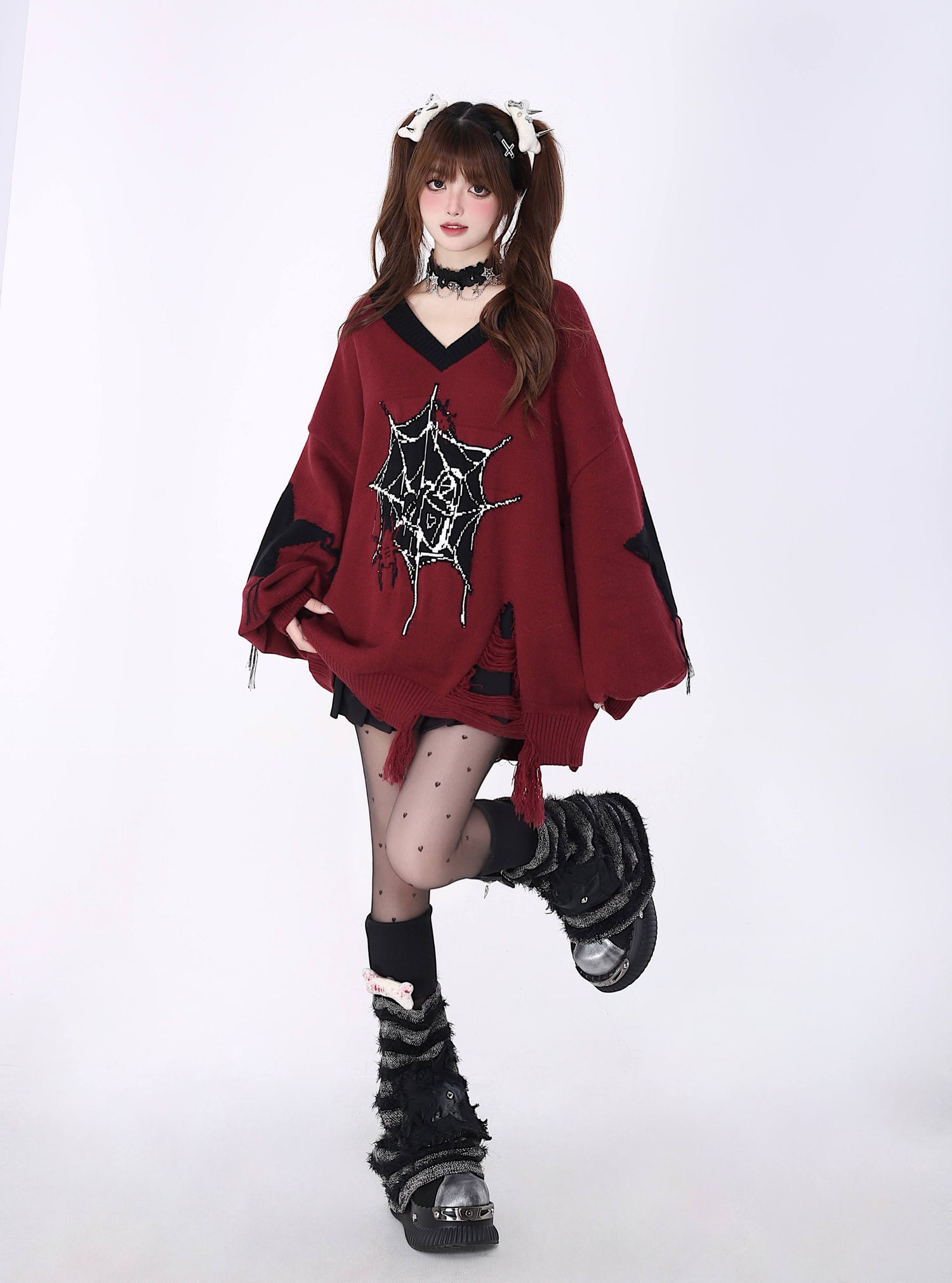 Crazy_Girl_Black_Red_V-neck_Oversized_Streetwear_Knit_Women&