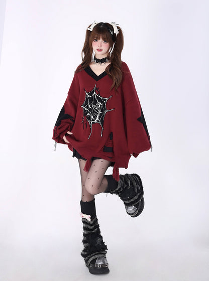 Crazy_Girl_Black_Red_V-neck_Oversized_Streetwear_Knit_Women&