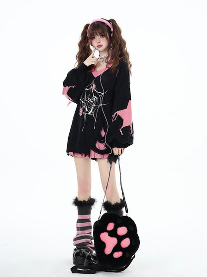 Crazy_Girl_Black_Red_V-neck_Oversized_Streetwear_Knit_Women&