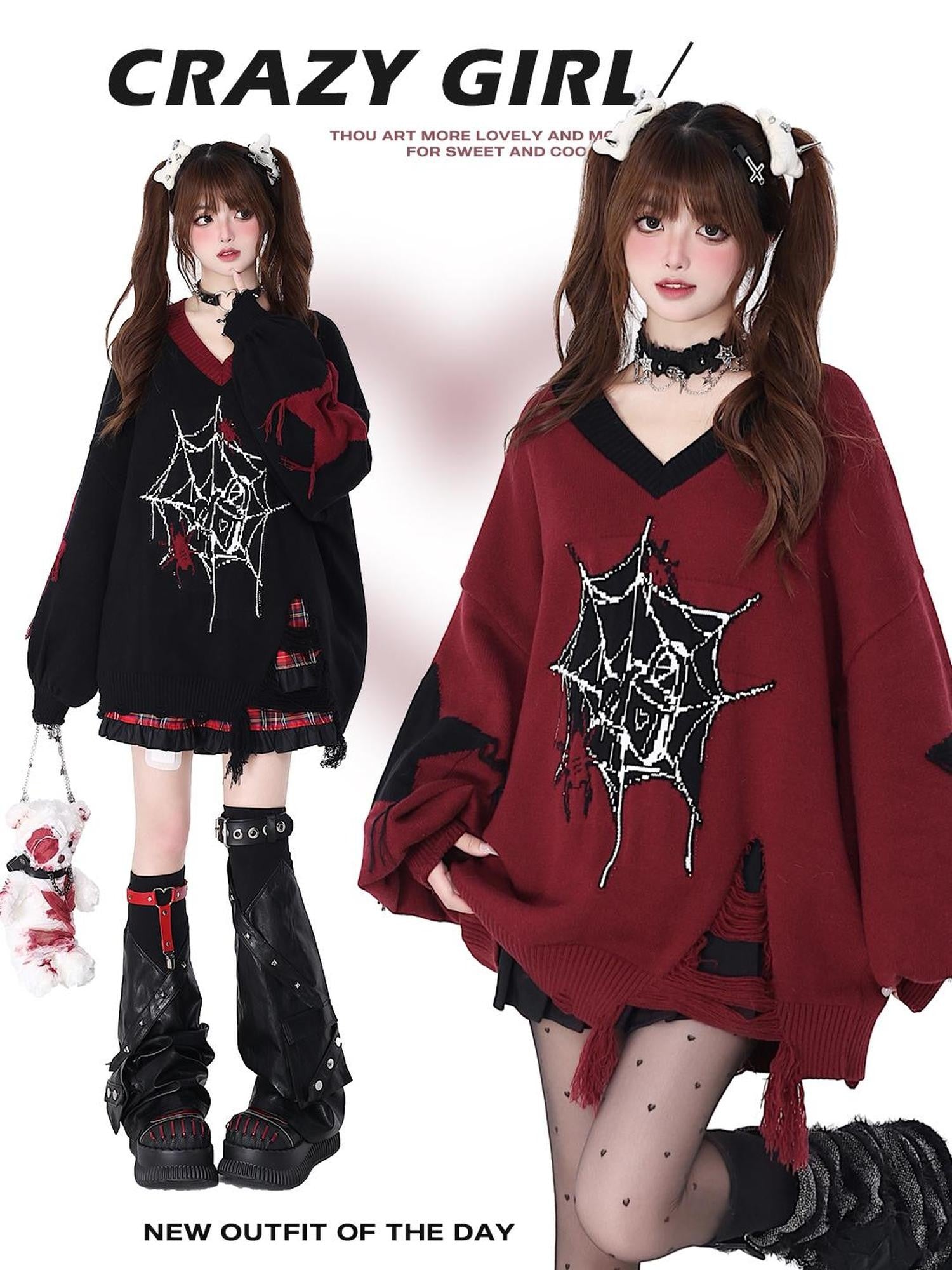 Crazy Girl Black Red V-neck Oversized Streetwear Knit Women&