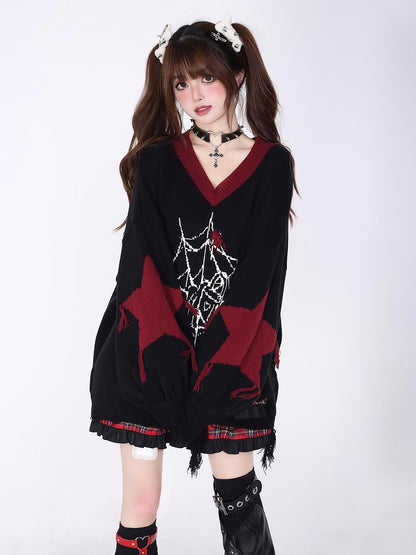 Crazy Girl Black Red V-neck Oversized Streetwear Knit Women&