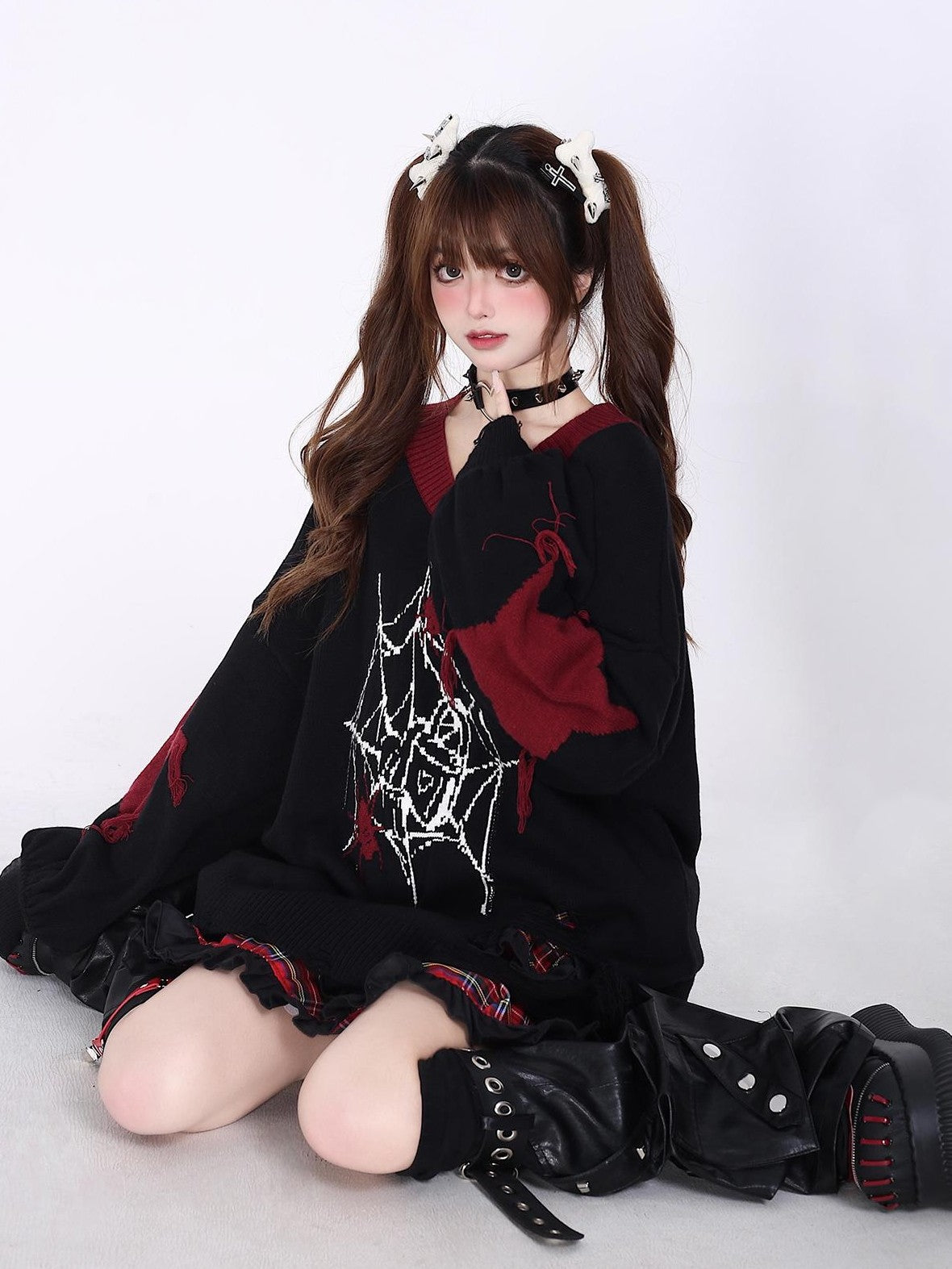 Crazy Girl Black Red V-neck Oversized Streetwear Knit Women&
