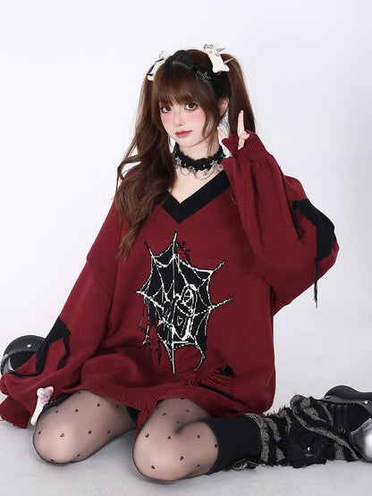 Crazy Girl Black Red V-neck Oversized Streetwear Knit Women&