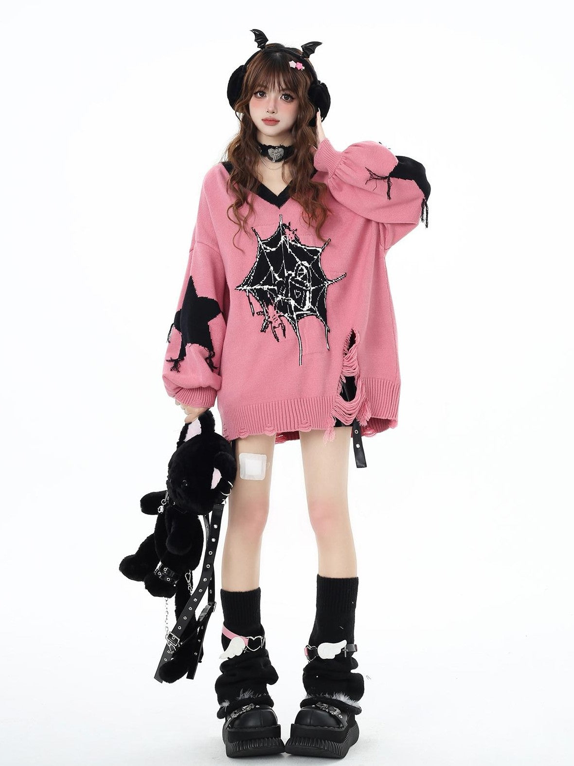 Crazy Girl Black Red V-neck Oversized Streetwear Knit Women&