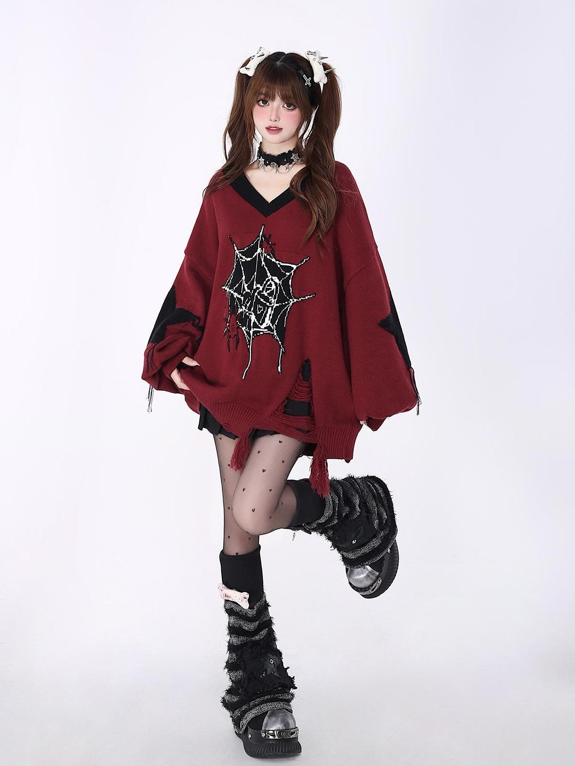 Crazy Girl Black Red V-neck Oversized Streetwear Knit Women&