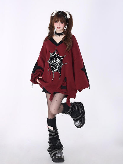 Crazy Girl Black Red V-neck Oversized Streetwear Knit Women&