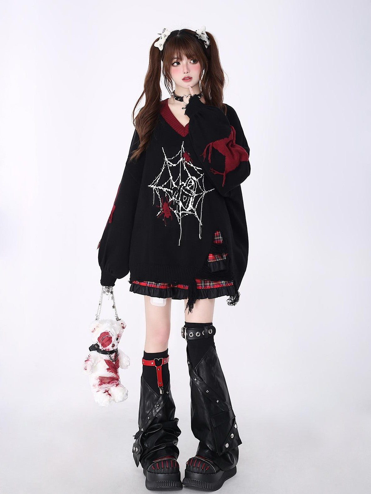 Crazy Girl Black Red V-neck Oversized Streetwear Knit Women&