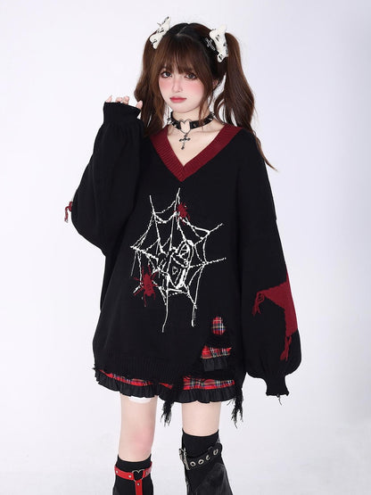 Crazy Girl Black Red V-neck Oversized Streetwear Knit Women&