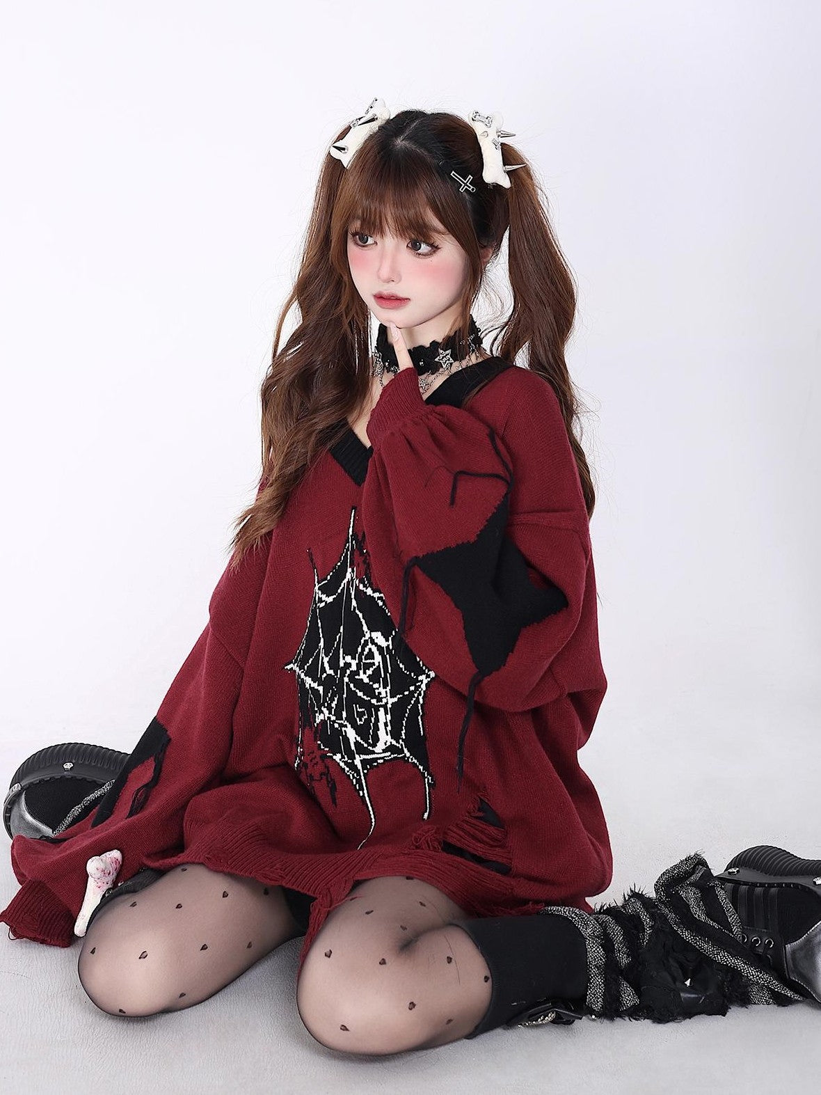 Crazy Girl Black Red V-neck Oversized Streetwear Knit Women&