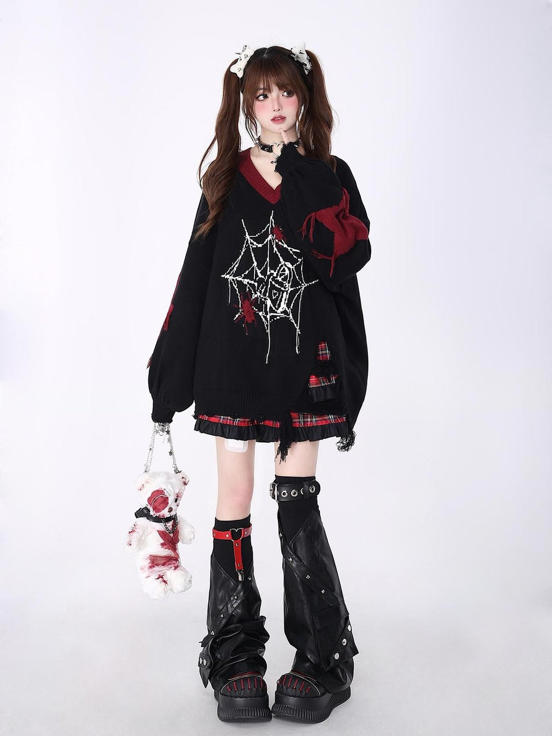 Crazy Girl Black Red V-neck Oversized Streetwear Knit Women&