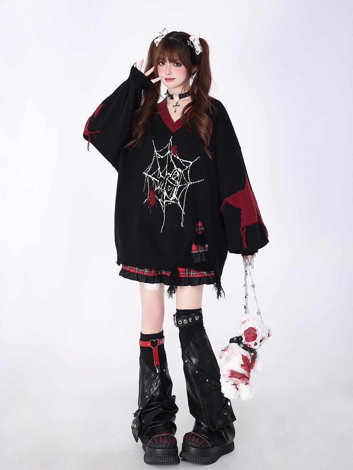 Crazy Girl Black Red V-neck Oversized Streetwear Knit Women&