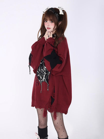 Crazy Girl Black Red V-neck Oversized Streetwear Knit Women&
