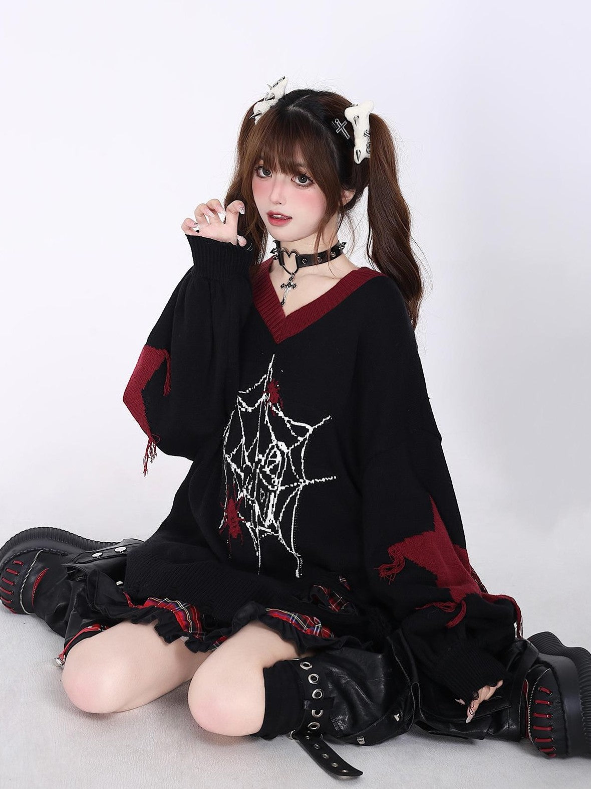 Crazy Girl Black Red V-neck Oversized Streetwear Knit Women&