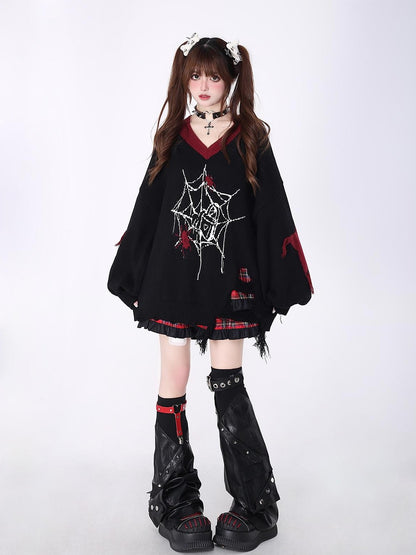 Crazy Girl Black Red V-neck Oversized Streetwear Knit Women&