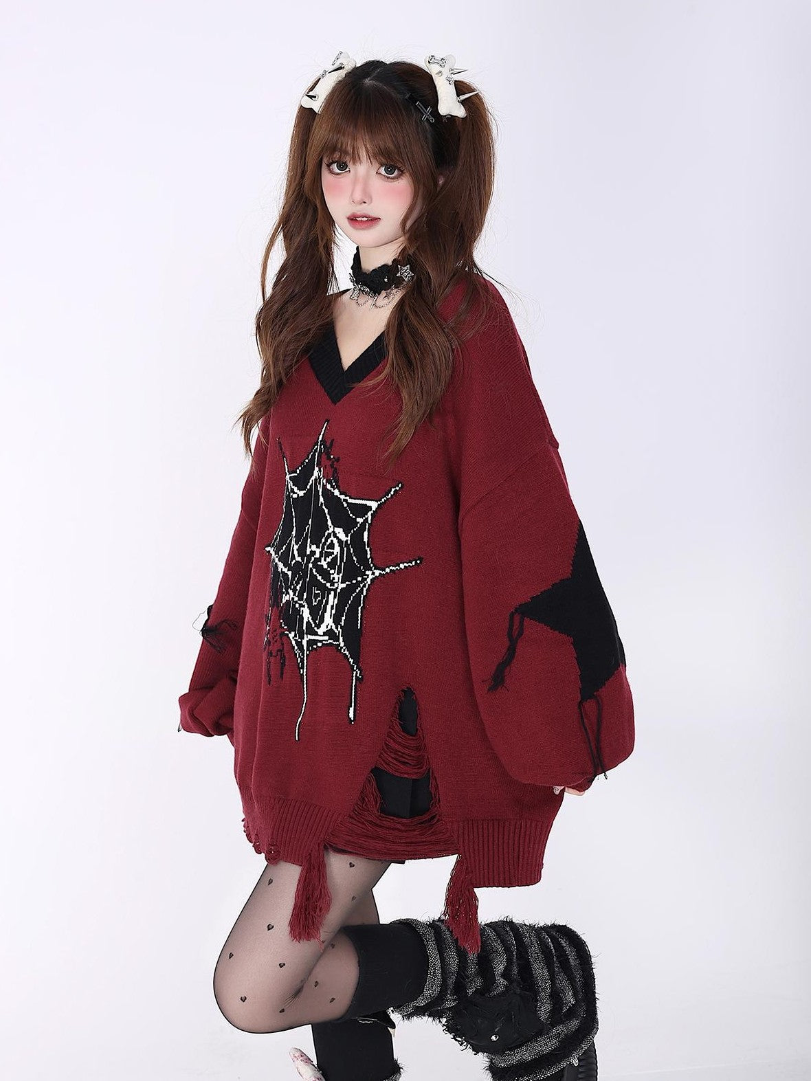 Crazy Girl Black Red V-neck Oversized Streetwear Knit Women&