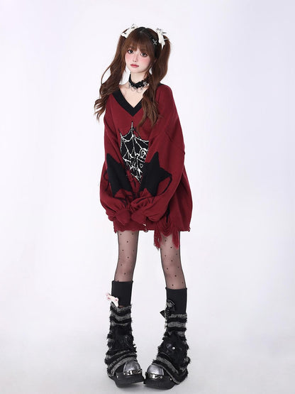 Crazy Girl Black Red V-neck Oversized Streetwear Knit Women&