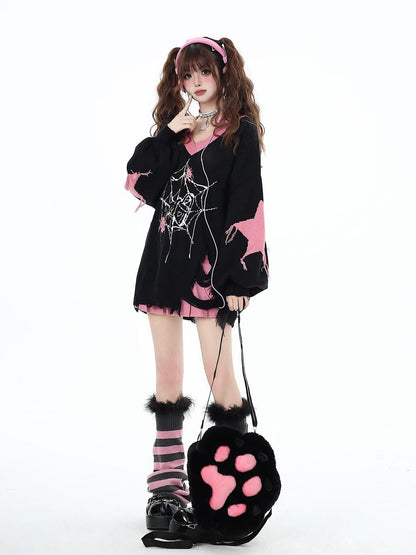Crazy Girl Black Red V-neck Oversized Streetwear Knit Women&