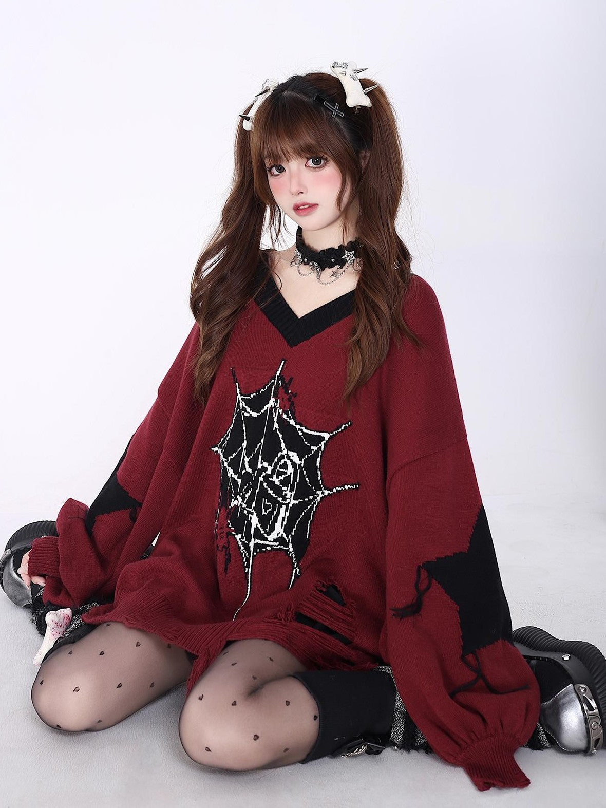 Crazy Girl Black Red V-neck Oversized Streetwear Knit Women&